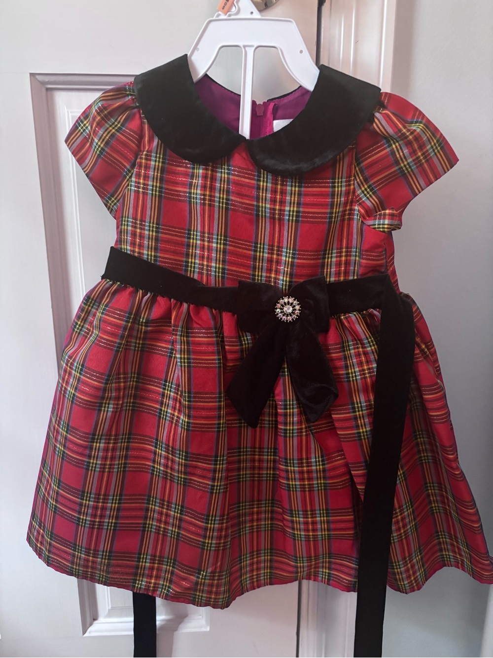 Rare Editions Red Plaid Dress with Black Velvet Collar and Bow